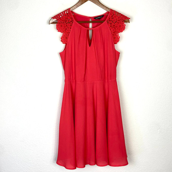 Express Dresses & Skirts - Express Guipure Lace Sleeve Dress 4 Hot Coral Fit and Flare